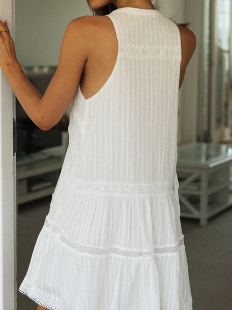 Onbely Robe courte broderie anglaise boutonnage col rond sans manches blanc