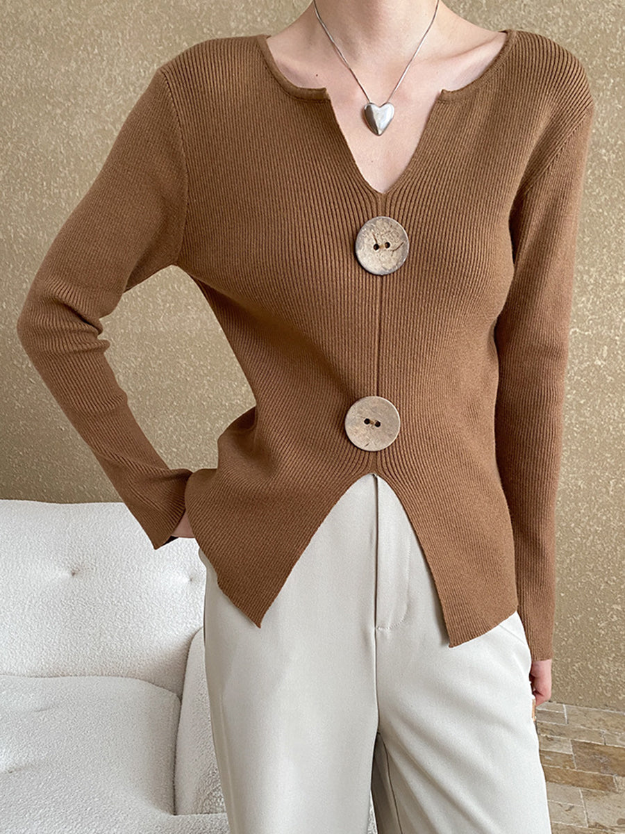 Onbely pull en maille moulante Col en V boutons pour femme mode