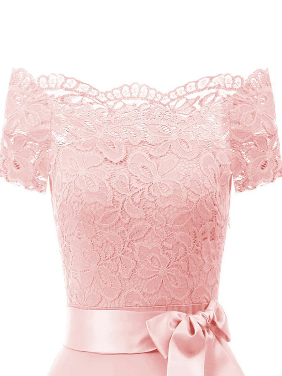 Onbely Robe Midi Vintage en Dentelle Ceinturée à Manches Courtes Cocktail