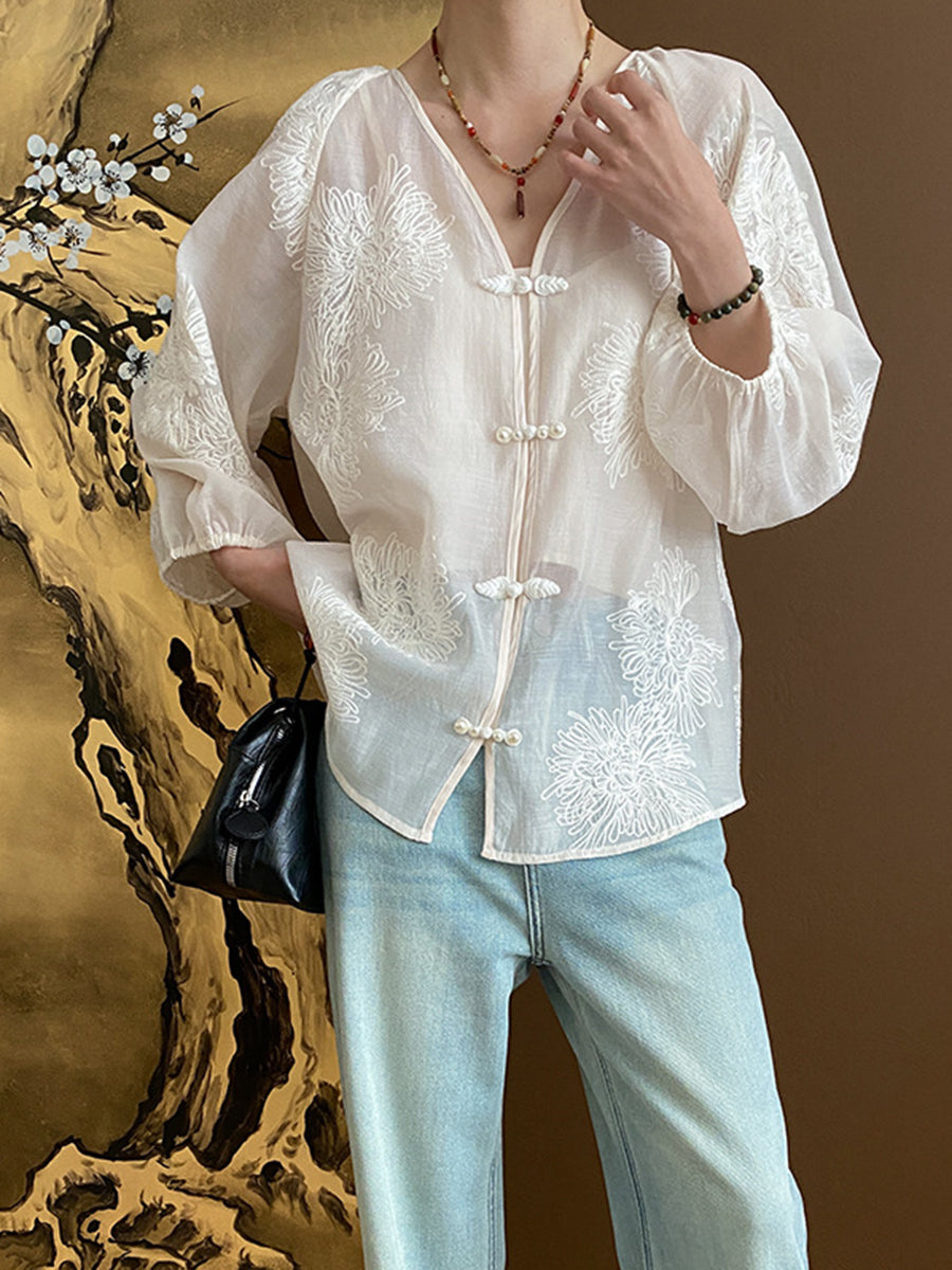 Onbely blouse 2-In-1 bouton chinois à nœud brodée