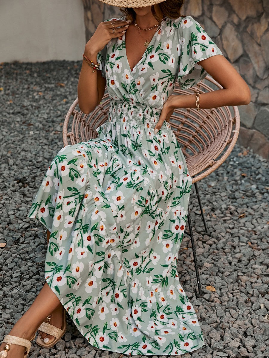 Onbely robe longue fleurs col en V manches courtes mode vacances tous les jours
