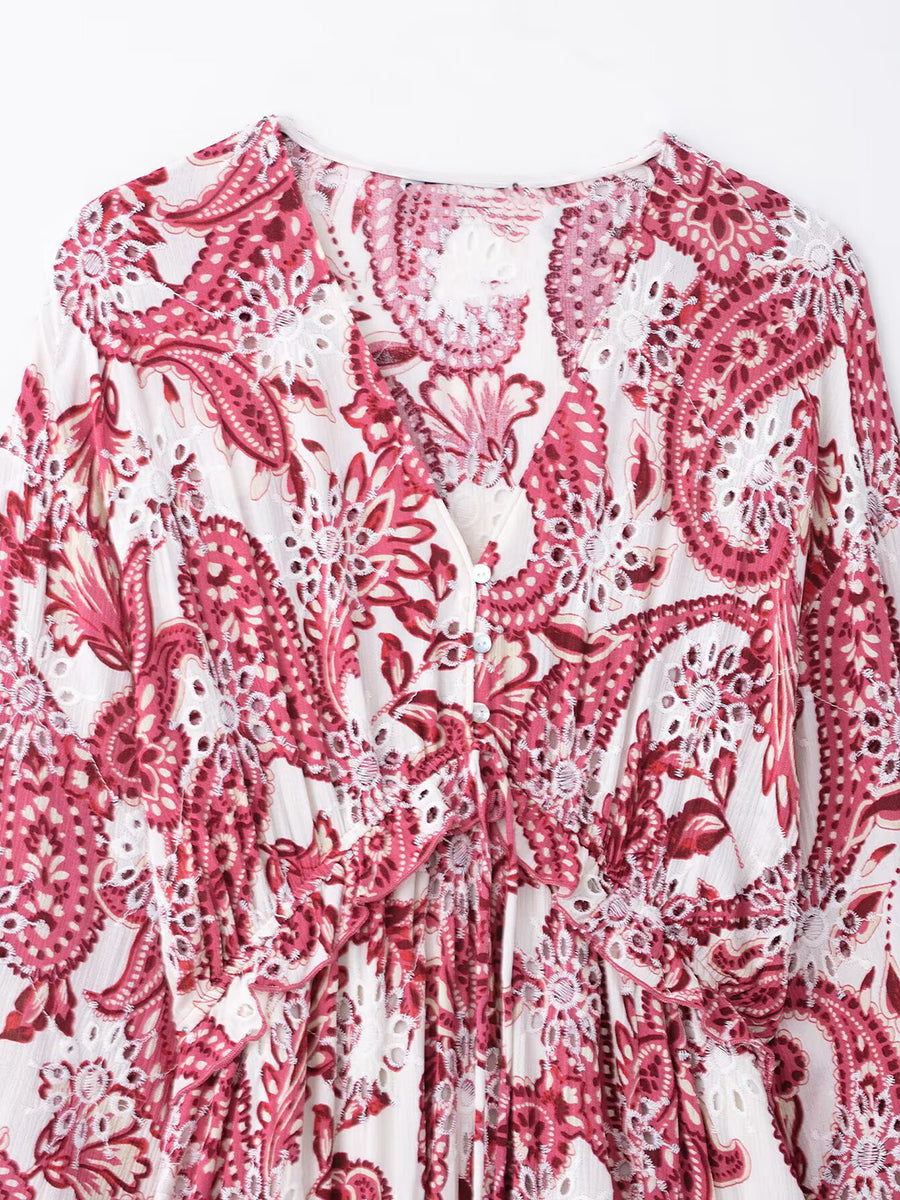 Onbely Robe Midi Bohème Paisley brodée V-col Manches Longues Vacances