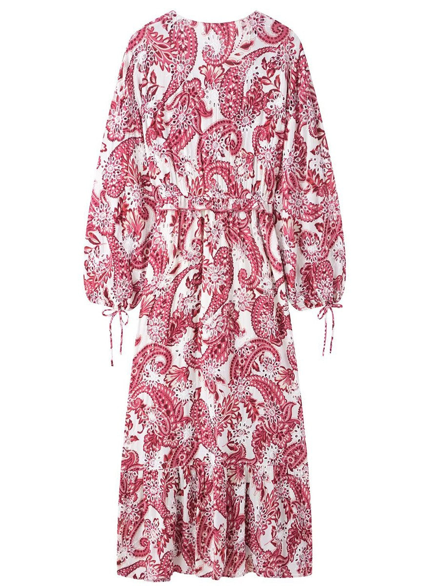 Onbely Robe Midi Bohème Paisley brodée V-col Manches Longues Vacances