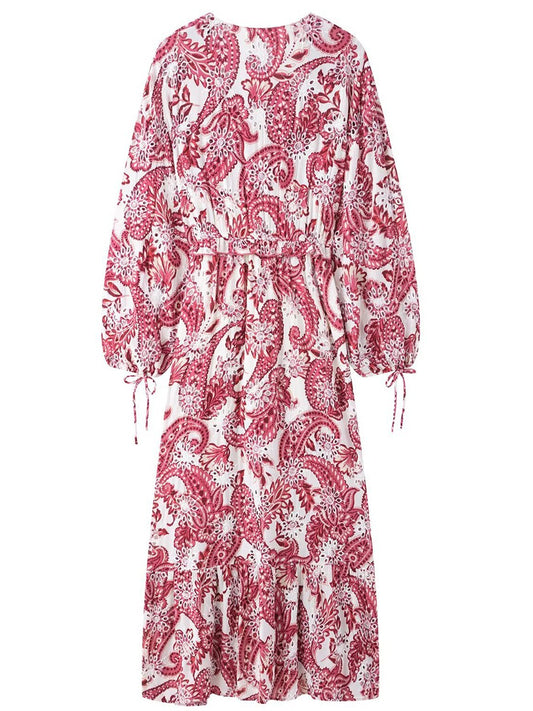 Onbely Robe Midi Bohème Paisley brodée V-col Manches Longues Vacances boho dress