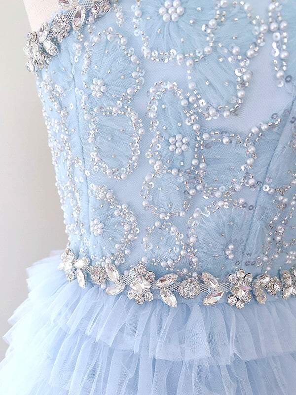 Onbely robe longue de bal élégant beading tulle bleu pastel - onbely