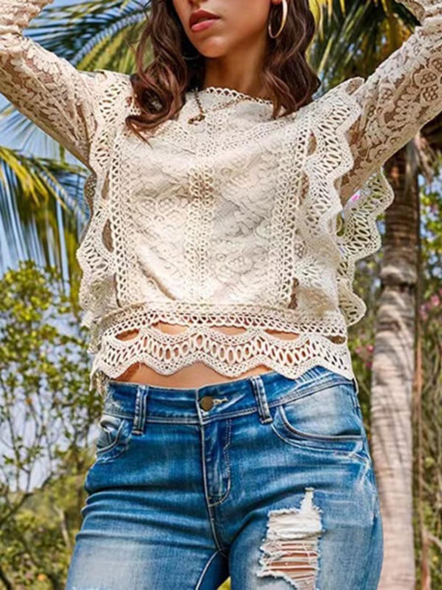 Onbely hauts broderie anglaise avec fermeture éclair col rond élégant femme