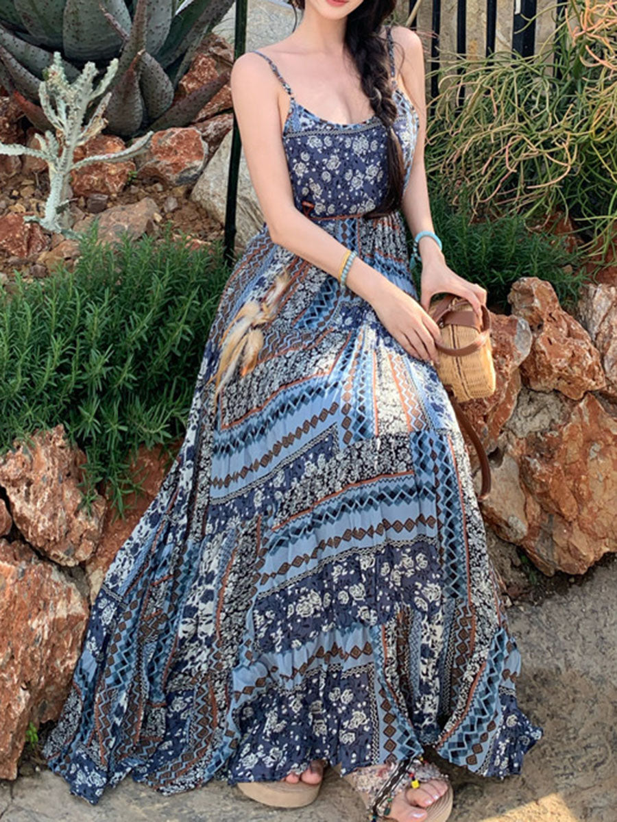 Onbely robe longue imprimé à fleurie à fines brides bohème bleu
