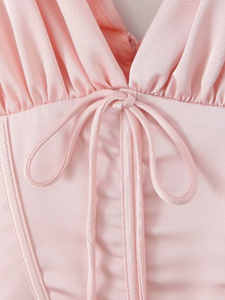 Onbely Robe Courte noeud papillon V-col Sans Manches doux Rose