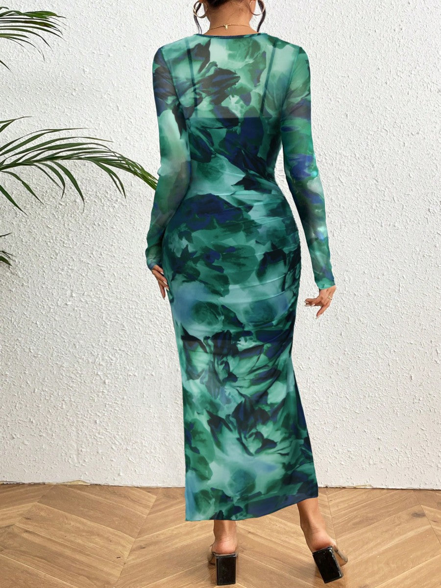 Onbely robe longue moulante tie and dye géométrique col rond manches longues élégant tous les jours