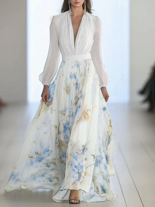 Onbely robe longue imprimé floral col en V manches bouffantes manches longues taille marquée élégant mode anniversaire cérémonie