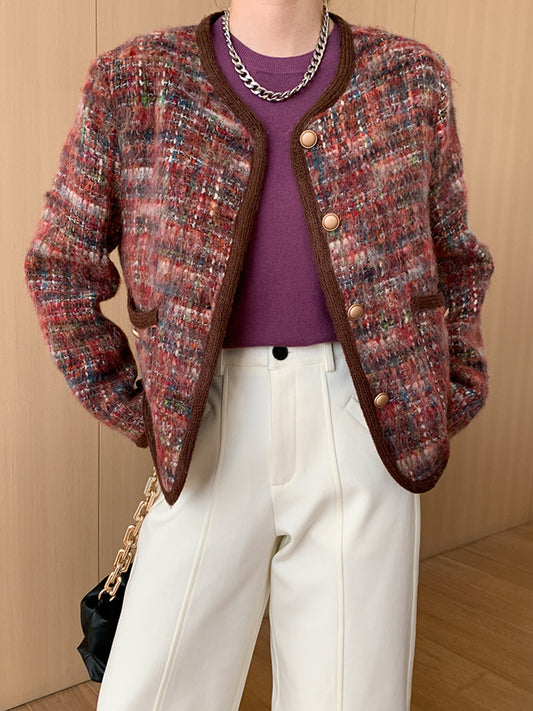 Onbely veste en tweed carreaux liseré contrastant femme rouge élégant noël