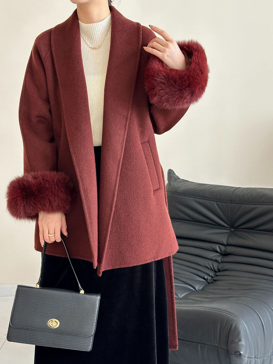 Onbely manteau en laine courte fausse fourrure avec ceinture pour femme