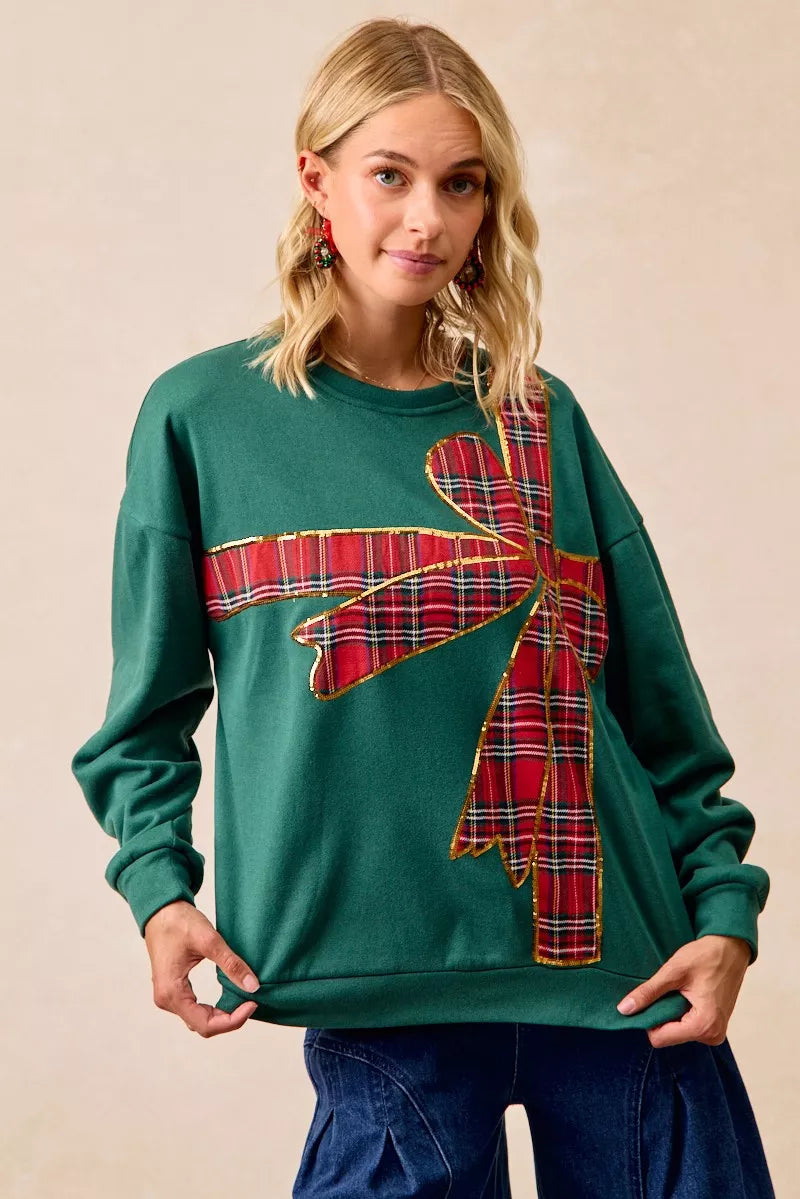 Sweat de Noël en polaire à ruban écossais et nœud décoratif