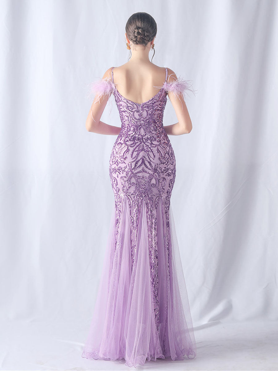 Onbely robe de soirée maxi longue en paillettes brillantes avec plumes pour un mariage femme cérémonie