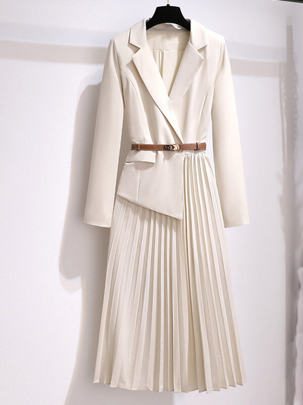 Onbely robe blazer longue plissé avec ceinture femme mode blanche