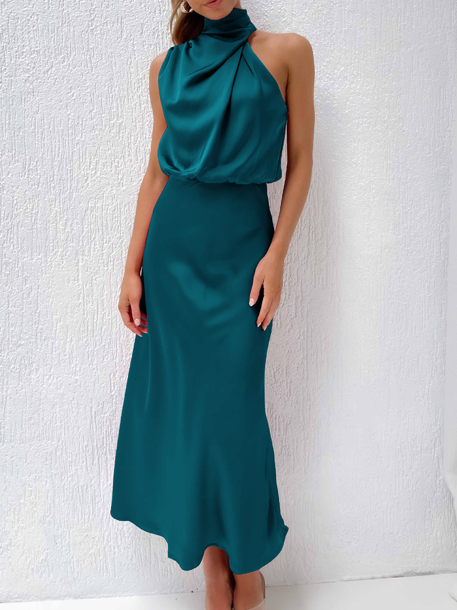Onbely mi-longue robe unicolore satin sans manches taille haute élégant invité mariage