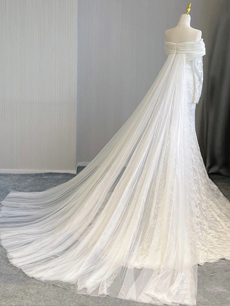 Onbely robe de mariée maxi longue sirene col bateau manches longues élégant
