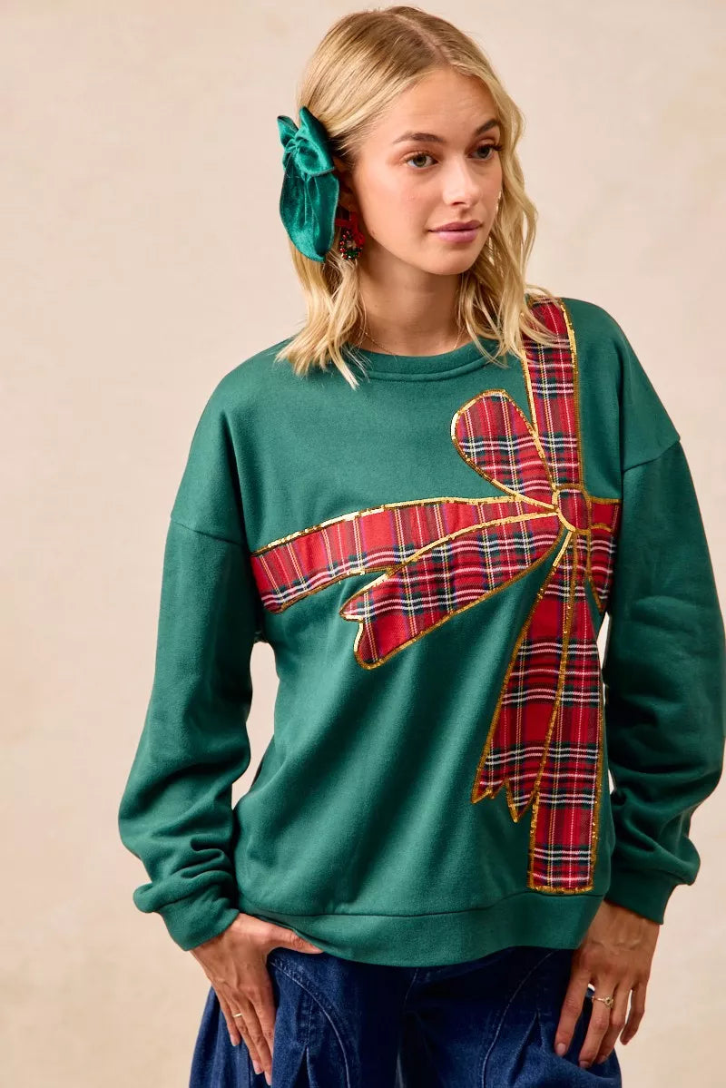 Sweat de Noël en polaire à ruban écossais et nœud décoratif