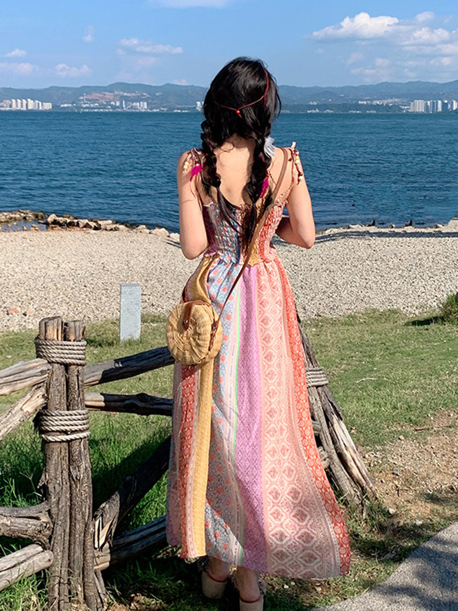 Onbely robe longue imprimé à fleurie à fines brides bohème multicolore