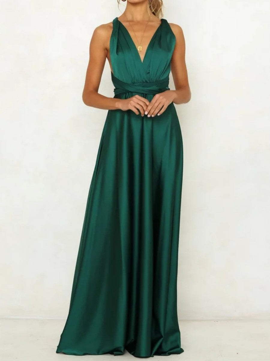 Onbely robe de soirée longue unicolore dos nu col en V licou/ras-du-cou taille élastique élégant invité mariage bal de promo
