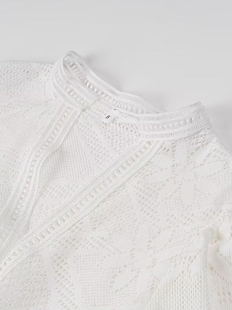 Onbely robe mi-longue dentelle coulisse taille col en V manches longues bohème blanc