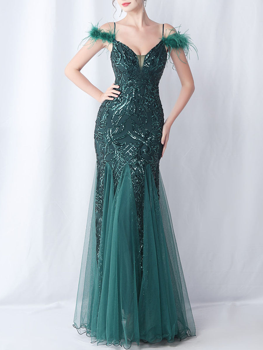 Onbely robe de soirée maxi longue en paillettes brillantes avec plumes pour un mariage femme cérémonie