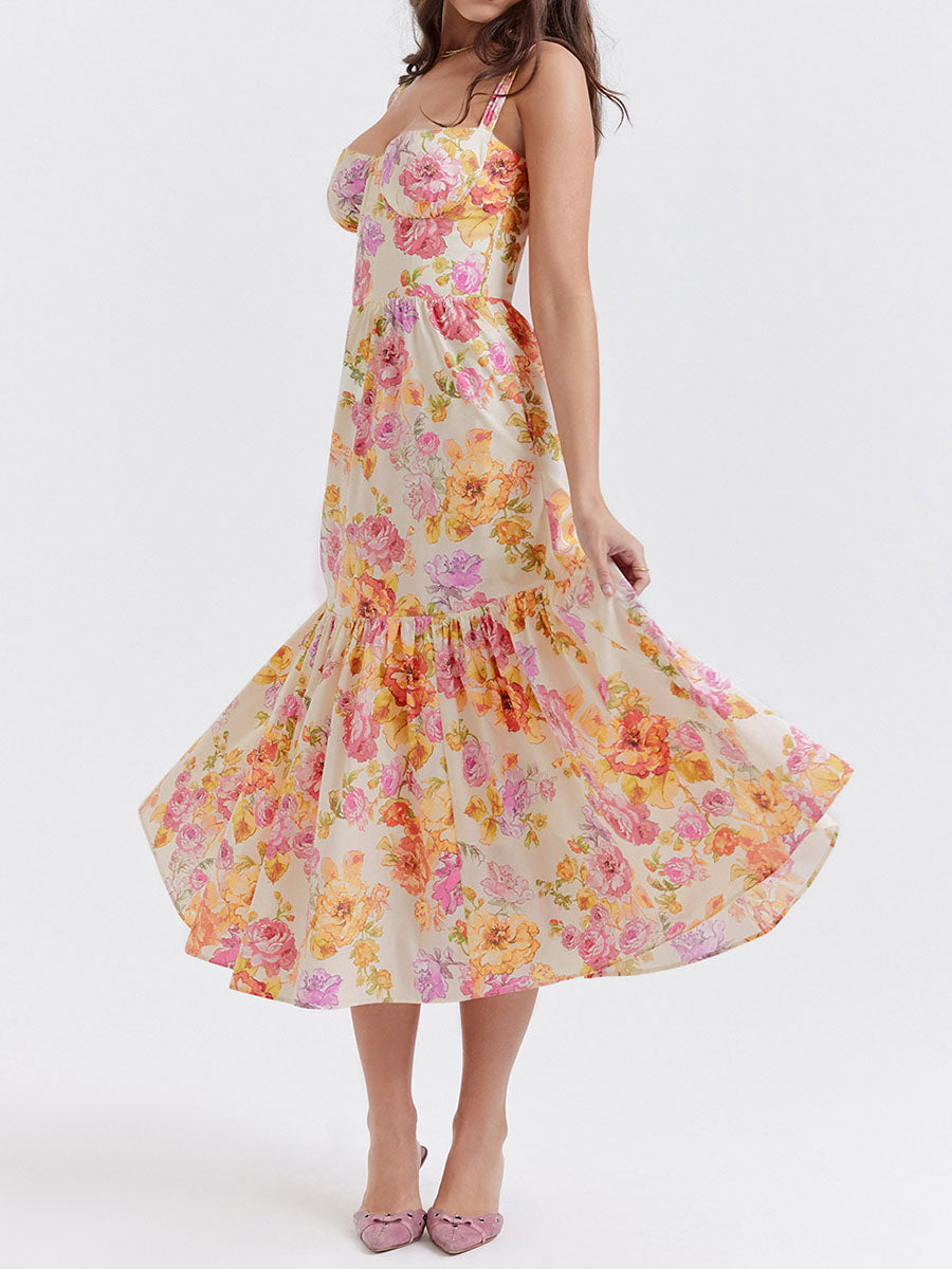 Onbely robe de soirée Mi-Longue Imprimée à Fleurs à Fines Brides pour Bal de Promo