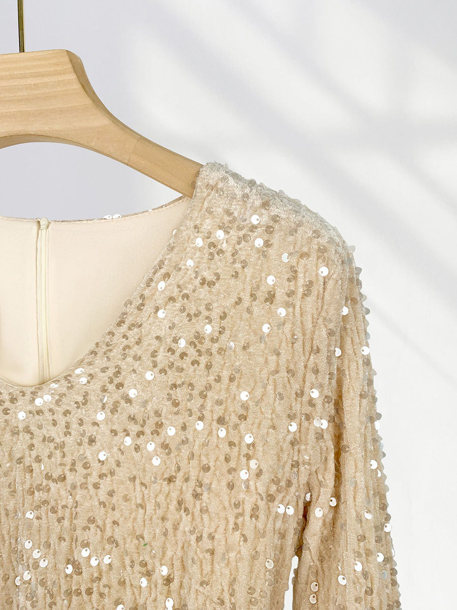 Onbely robe courte moulante velours brillante paillette Col en V cocktail