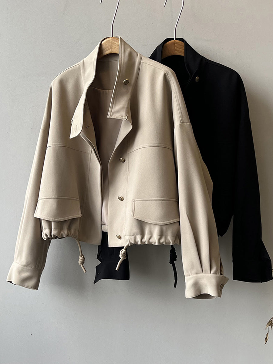 Onbely veste courte coulisse boutonnage taille col montant femme mode