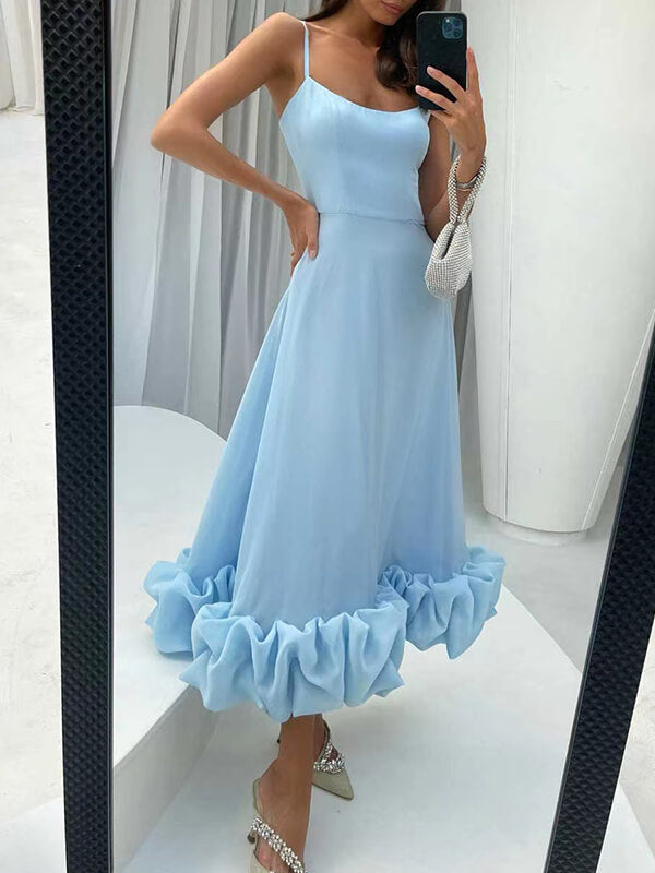 Onbely robe longue bustier à fines brides avec volants, élégante et douce pour cocktail et bal de promo