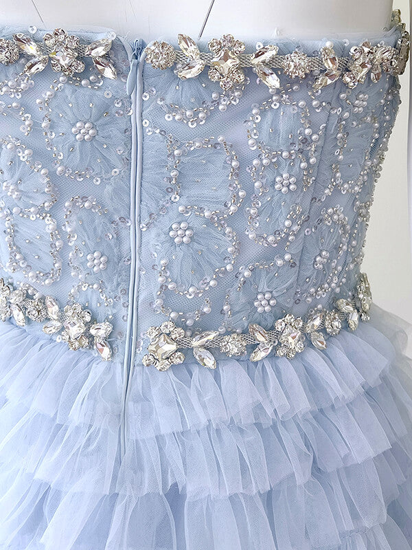 Onbely robe longue de bal élégant beading tulle bleu pastel - onbely
