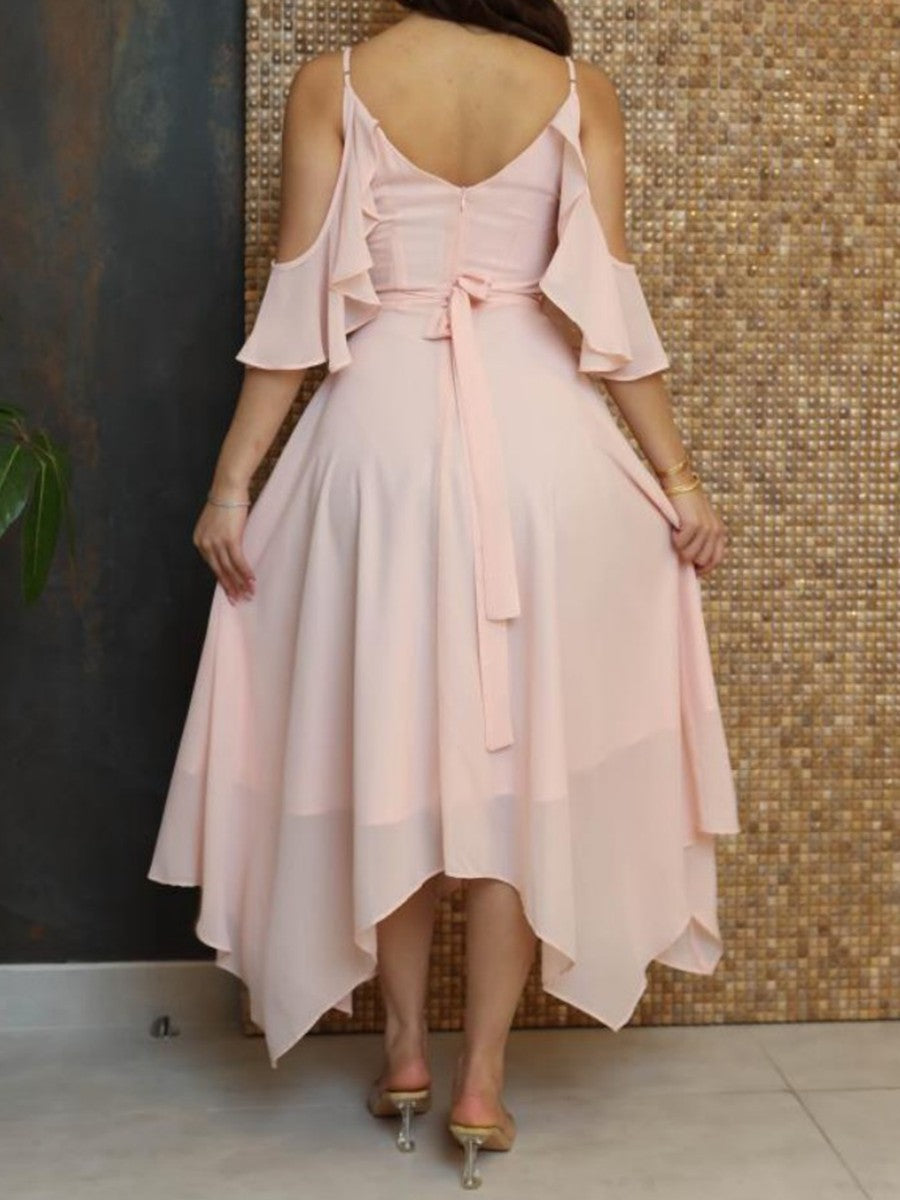 Onbely mi-longue robe irrégulière unicolore à fines brides col en V mode
