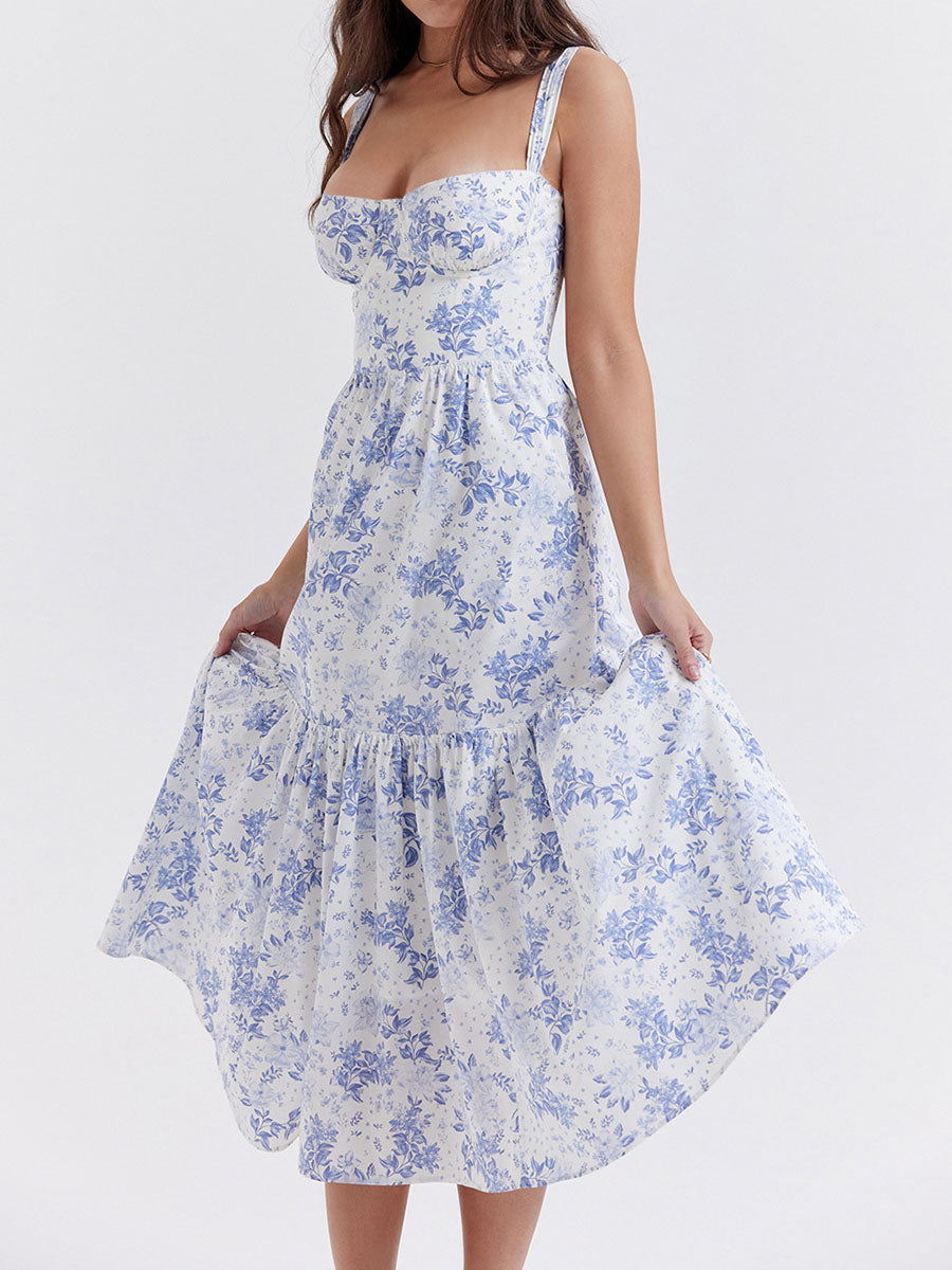 Onbely robe de soirée Mi-Longue Imprimée à Fleurs à Fines Brides pour Bal de Promo
