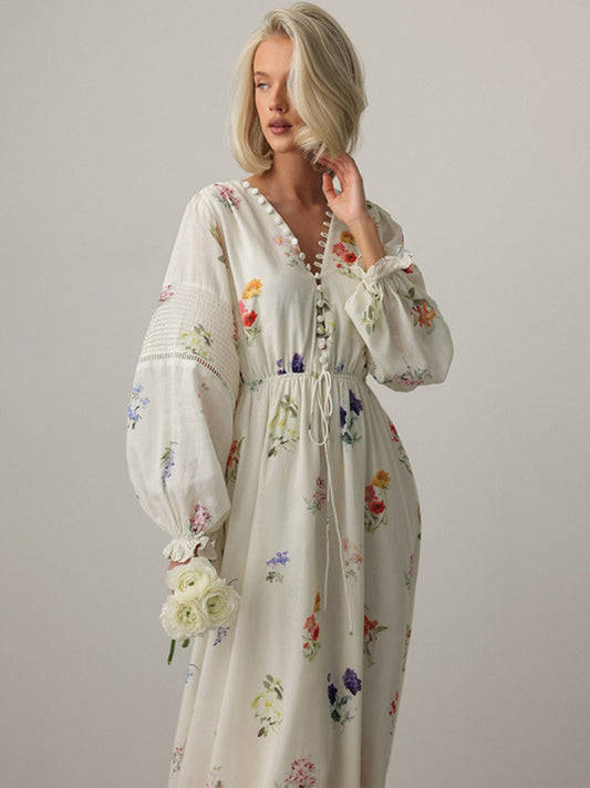 Onbely robe longue trapèze imprimé à fleurie col en V manches longues taille marquée élégant mode tous les jours