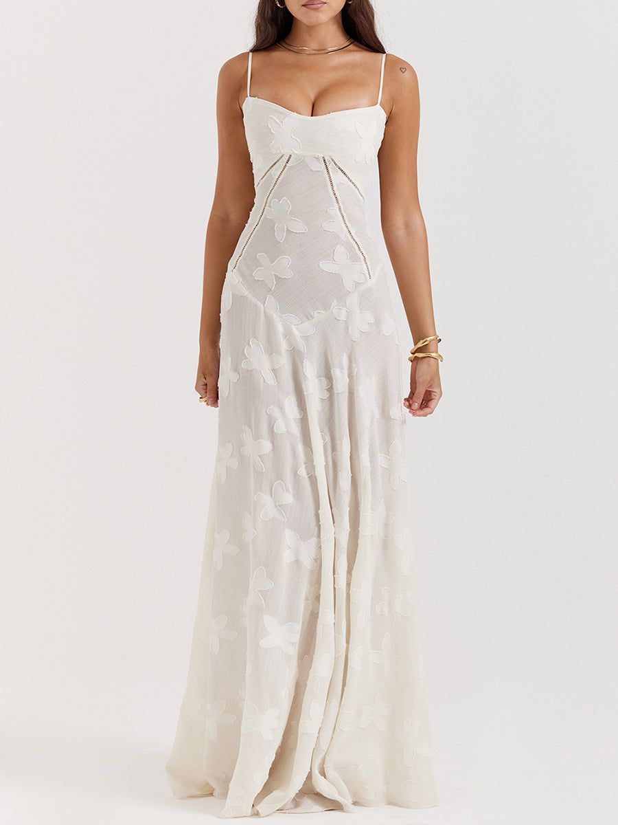 Onbely robe de soirée longue blanche en jacquard élégante à fines brides pour bal de promo ou mariage