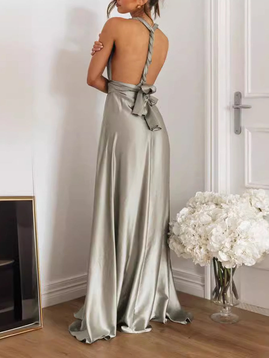 Onbely Robe de soirée longue grise à col en V et dos nu