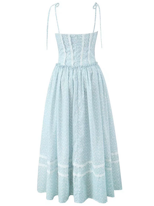 Onbely mi-longue robe imprimé à fleurie dentelle à fines brides Chic cocktail Bleu