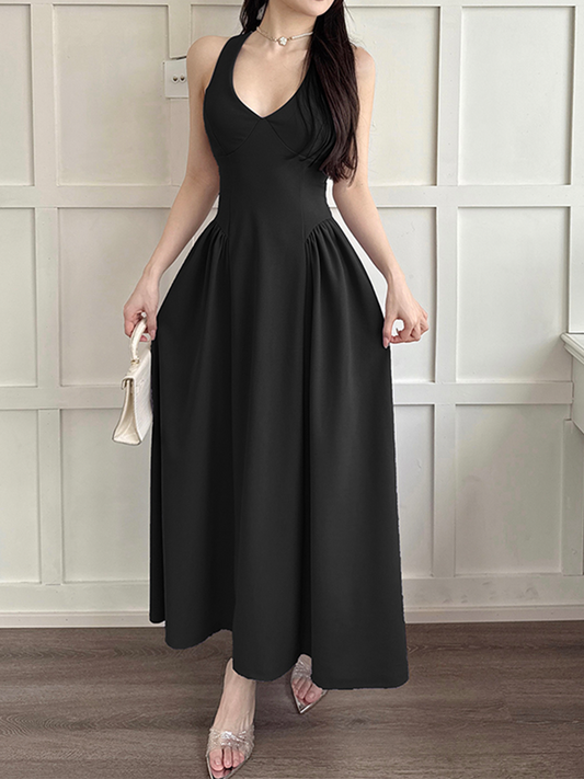 Onbely robe longue trapèze unicolore dos nu v-cou élégant bal de promo