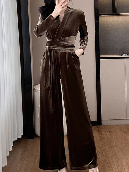 Onbely combinaison velours strappy Col en V manches longues femme élégant