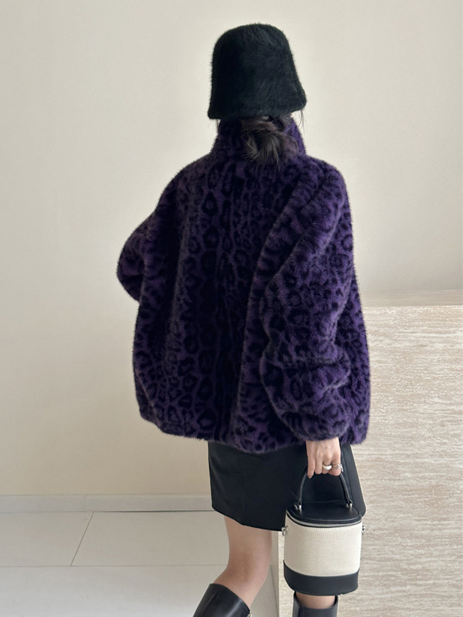 Onbely manteau en fausse fourrure léopard avec fermeture éclair femme mode