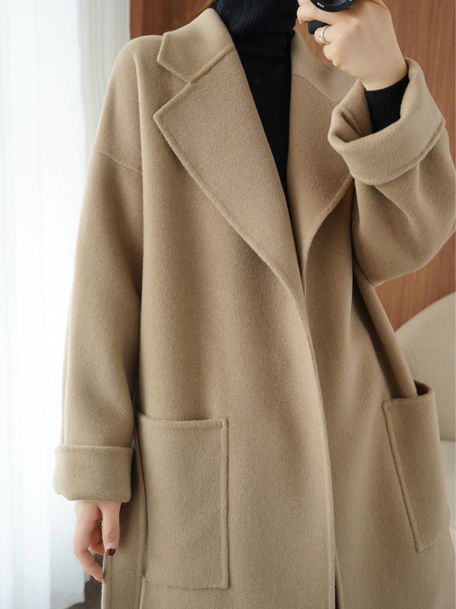 Onbely manteau en laine longue avec poches ceinture pour femme
