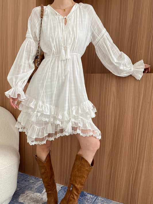 Onbely robe courte gâteau dentelle strappy manches longues bohème blanc boho dress