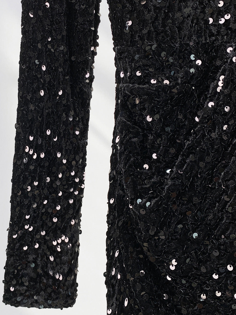 Onbely robe courte moulante velours brillante paillette Col en V cocktail