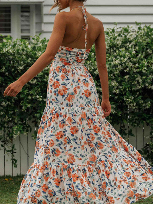 Onbely Robe longue mousseline imprimé à fleurie licou dos nu vacances