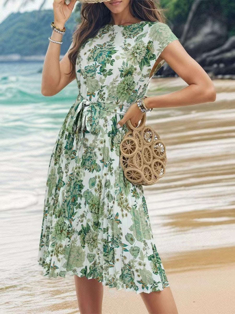 Onbely mi-longue robe trapèze imprimé à fleurie col rond manches courtes taille marquée mode vacances plage