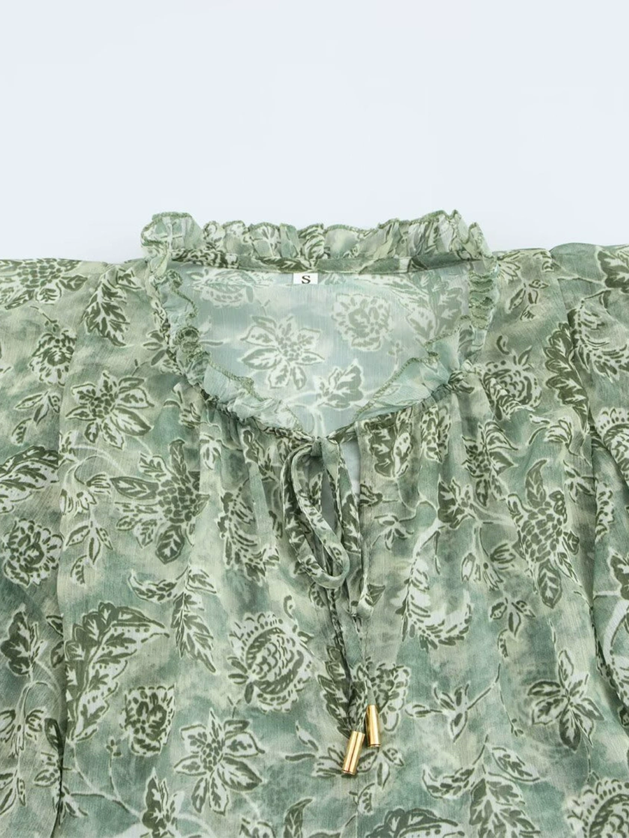 Onbely Blouse Bouffantes mousseline Imprimé Fleuri col jabot femme Vert