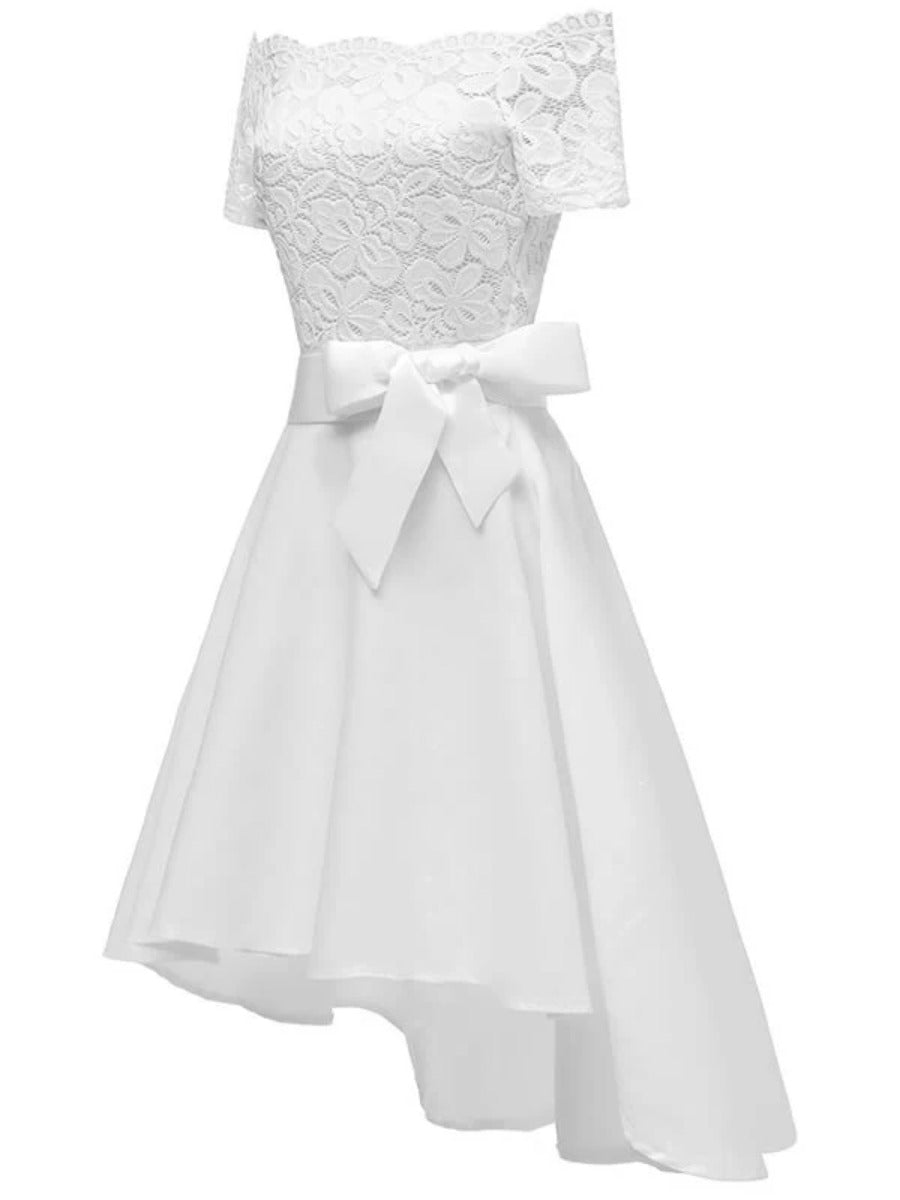 Onbely Robe Midi Vintage en Dentelle Ceinturée à Manches Courtes Cocktail