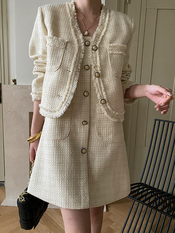 Onbely ensemble veste robe courte tweed boutonnage avec poches femme