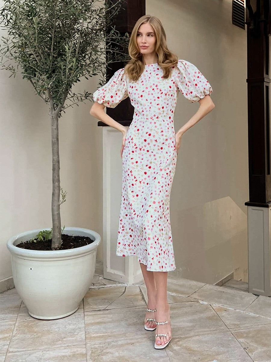 Onbely robe longue fleurs sirène col rond manches bouffantes manches courtes cintrée doux tous les jours bureau