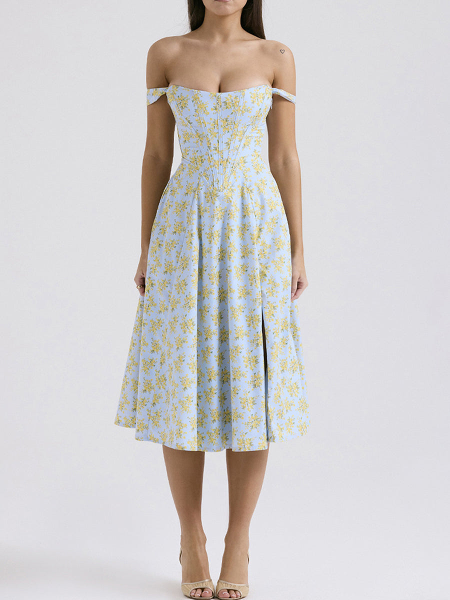 Onbely mi-longue robe trapèze imprimé à fleurie fendu le côté bustier dos nu à fines brides doux vacances tous les jours